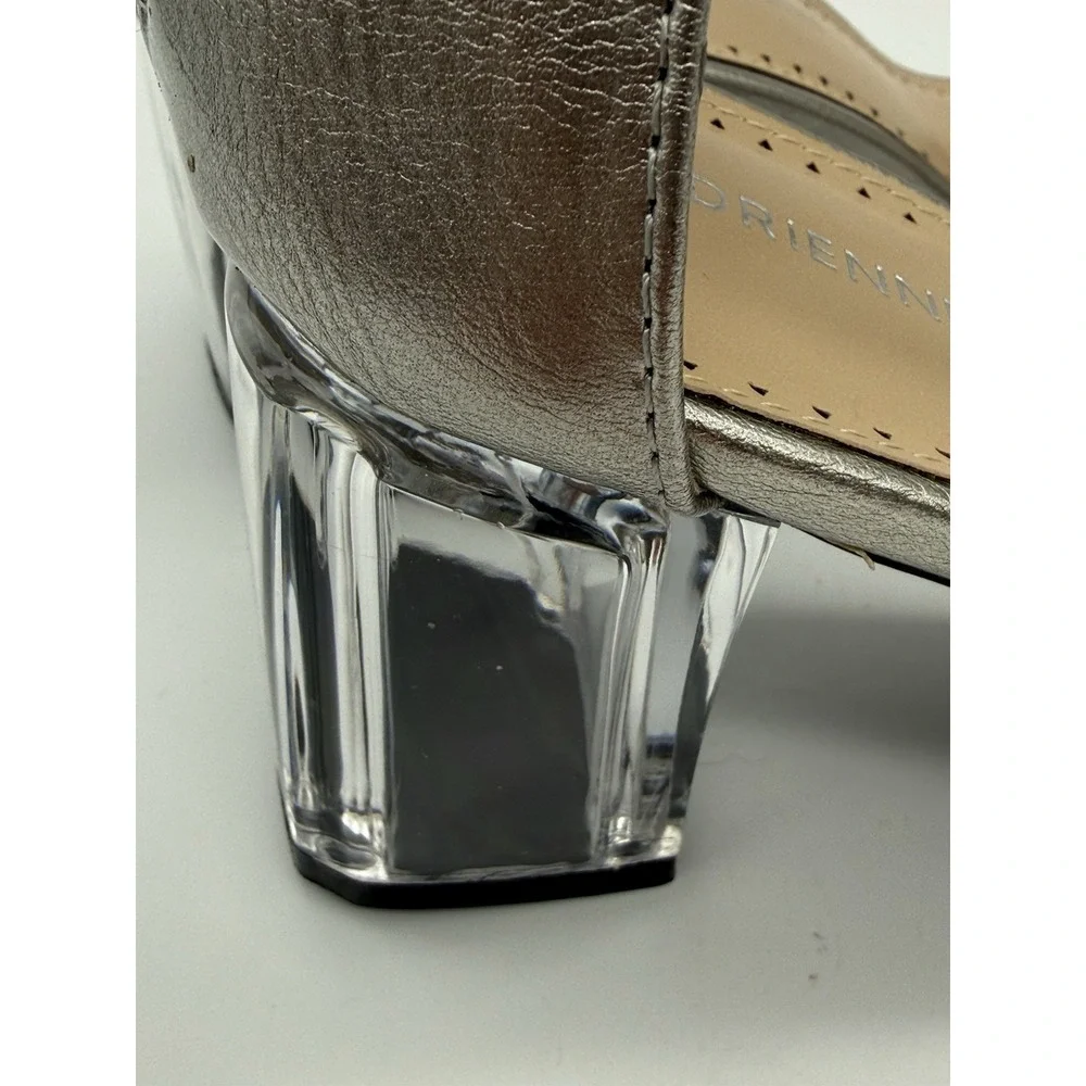 Adrienne‎ Vittadini Aston Silver Clear Block Heel T-Strap Sexy Sandal 8M NEW